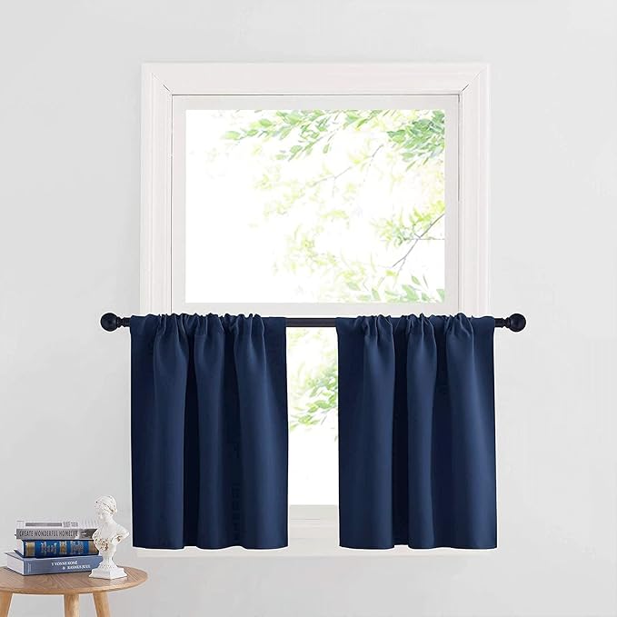 RYB HOME Half Window Curtains - Room Darkending Privacy Curtains Short Drapes for barhroom Kids Nursery Bedroom, W 29 x L 24 Each, Navy Blue, 2 Panels