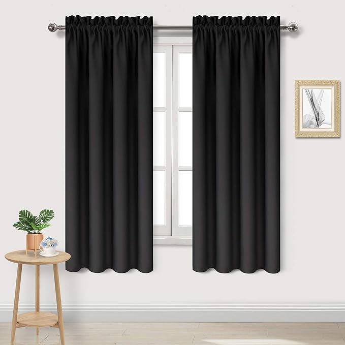DWCN Blackout Curtains for Bedroom - Thermal Insulated Privacy Energy Saving Rod Pocket Drapes for Living Room, W 38 x L 72 Inch, Black, Set of 2