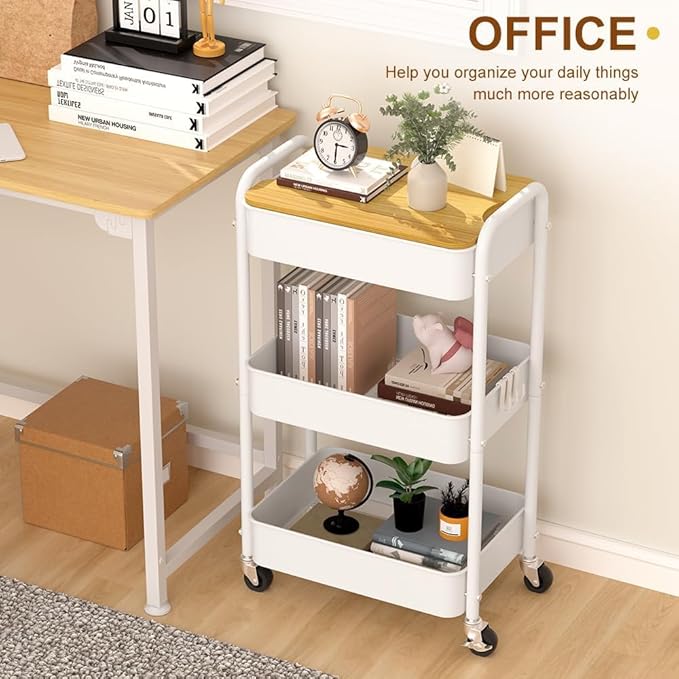 3 Tier Metal Utility Cart, Rolling Storage Cart with Wooden Tabletop, Metal Organizer Cart with Lockable Wheels for Office, Bedroom, Kitchen and Living Room (White)