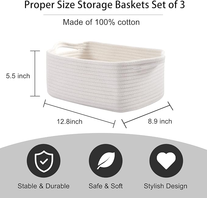 OIAHOMY Cotton Rope Storage Baskets | Decorative Storage Basket for Closet Storage, Home Organizing Bins and Nursery Decor | Cotton Rope Woven Baskets for Storage Shelf, Pure and White