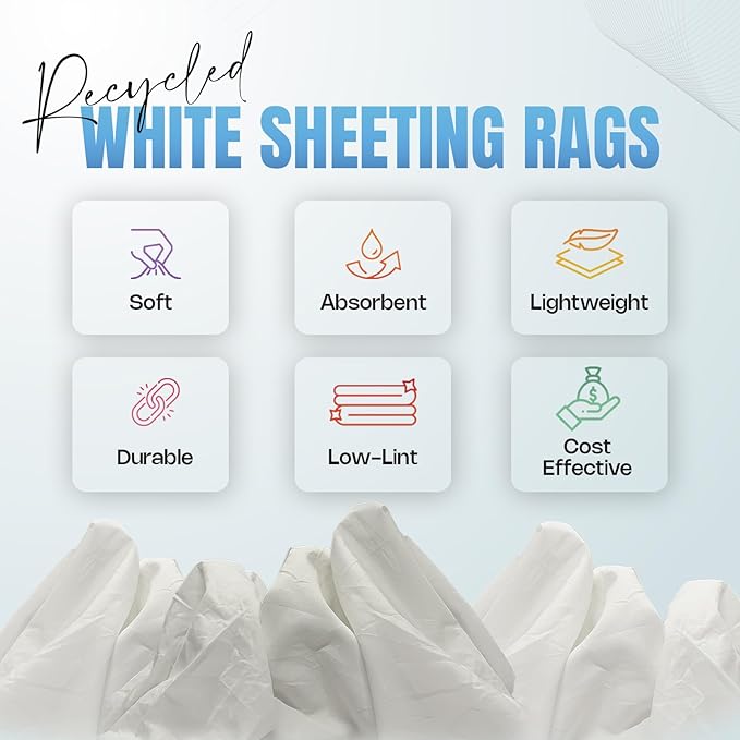 Recycled White Sheeting Cleaning Rags (600 lbs. Pallet 12x50 lbs. Box) – Lint Free White Cotton Cloths for Manufacturing | Automotive | Janitorial | Shop Rags Bulk - Multipurpose