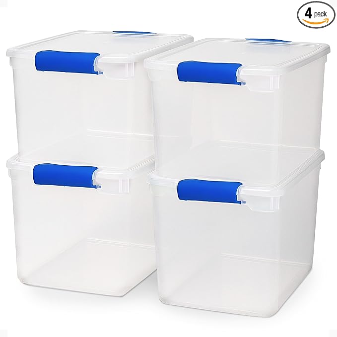 HOMZ 4-Pack Latching Lid, Large Clear Plastic Storage Bins with Lids, 31 Quart, Blue Latch - Stackable Container Boxes for Home, Bathroom, and Office Organization