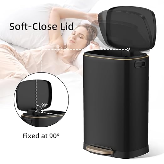KUK 13 Gallon Kitchen Trash Can with Lid, 50L/13Gal Office Step Garbage Can for Home, Kitchen, Laundry Room, Office, Brushed Stainless Steel, Black