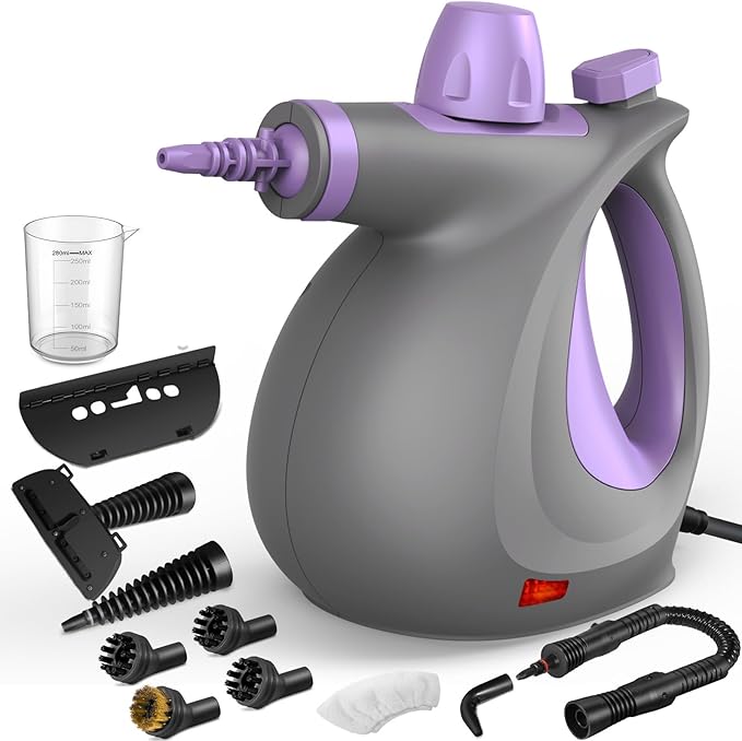 Pressurized Handheld Multi-Surface Natural Steam Cleaner with 12 pcs Accessories, Multi-Purpose Steamer for Home Use, Steamer for Cleaning Floor, Upholstery, Grout and Car (Purple)