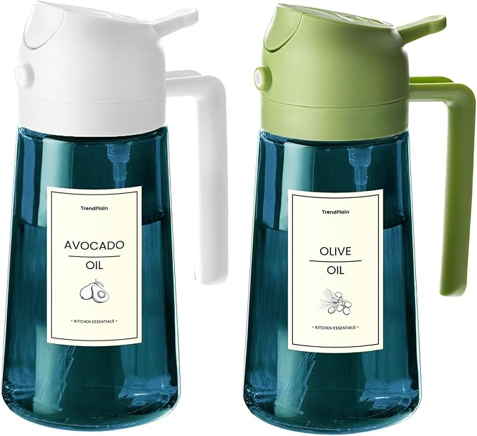 TrendPlain 16oz/470ml Blue Glass Olive Oil Sprayer for Cooking - 2 in 1 Olive Oil Dispenser for Kitchen Gadgets, Air Fryer, Salad, and BBQ - White & Green