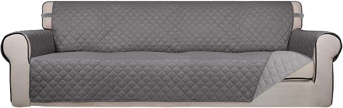 PureFit Reversible Quilted Sofa Cover, Water Resistant Slipcover Furniture Protector, Washable Couch Cover with Non Slip and Elastic Straps for Kids, Dogs, Pets (XX Large, Gray/Light Gray)