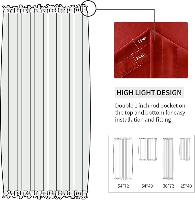 DWCN French Door Curtain - Rod Pocket Thermal Blackout Panel for Glass Window, Christmas, Kitchen and Patio - Privacy, 36 X 72 Inches Long, 1 Panel With Tieback, Red