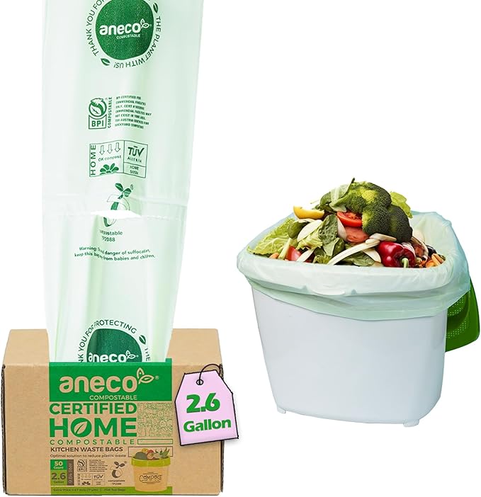 ANECO 100% Compostable Waste Bags 2.6 Gallon (Flat Top Bags, 50 Count) Extra Strong Kitchen Small Compost Bags for Countertop Bin (BPI & OK Compost HOME Certified)