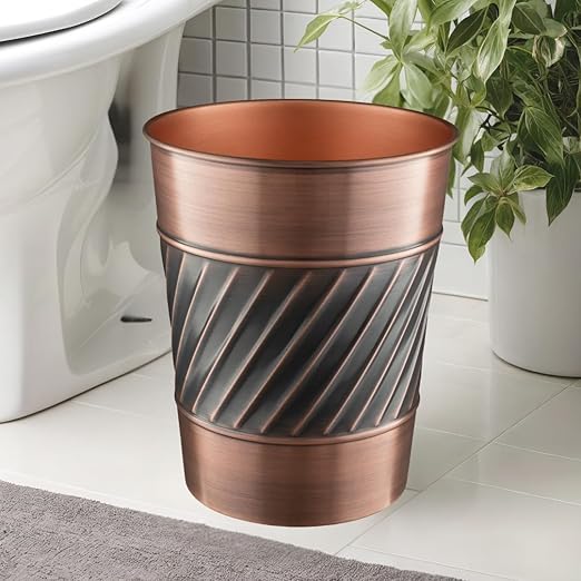 Monarch Abode Metal Wastebasket Trash Can, Handcrafted, Wave Embossed, Bathroom Decor, Antique Copper Finish