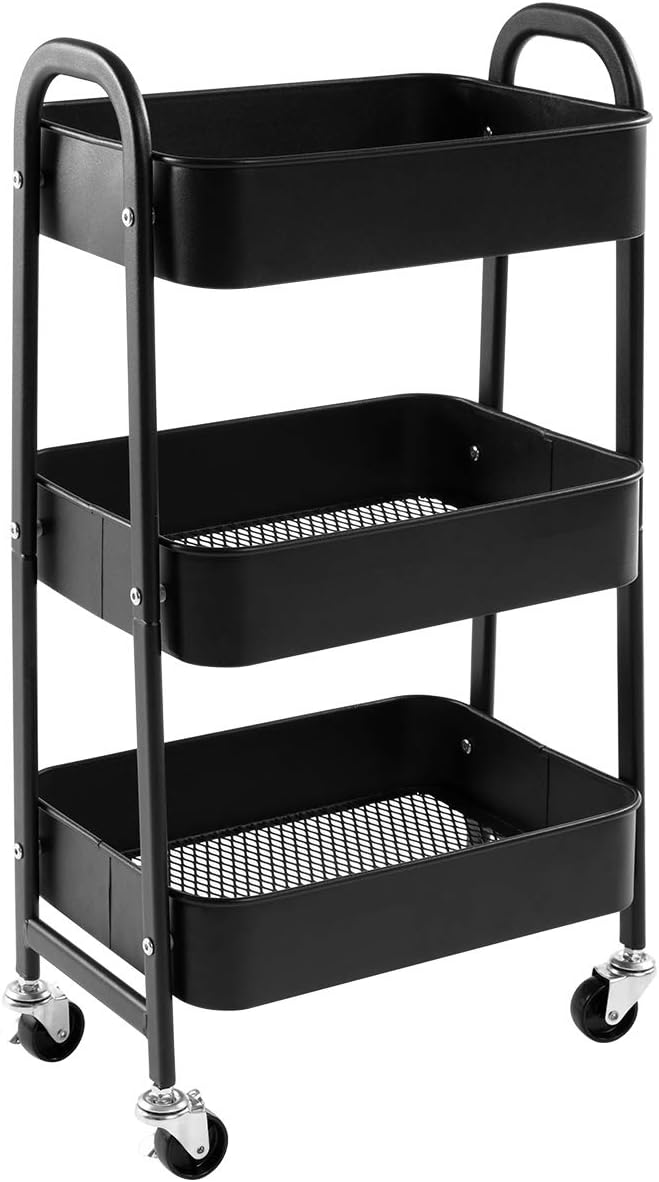 AGTEK Makeup Cart, Movable Rolling Organizer Cart, Black 3 Tier Metal Utility Cart