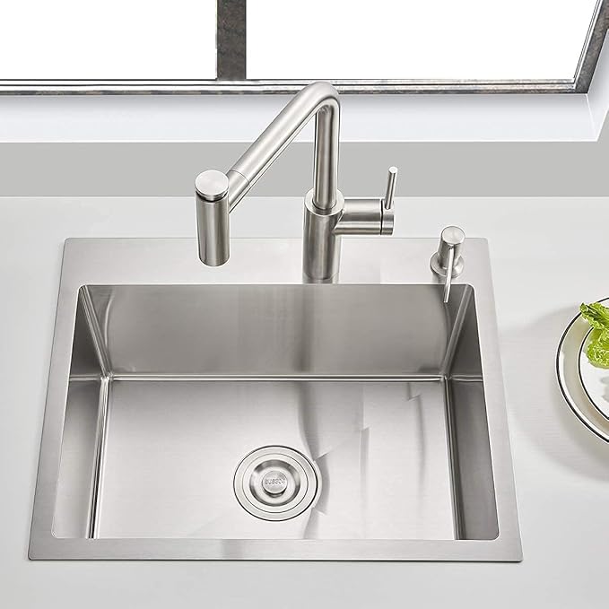 25x18 Inch Kitchen Sink Drop in, Premium T-304 Grade Stainless Steel Sink, 9" Deep Single Bowl with Brushed Finish, R10 Tight Corner, 2 Pre-Drilled Holes, Topmount Sink with Strainer