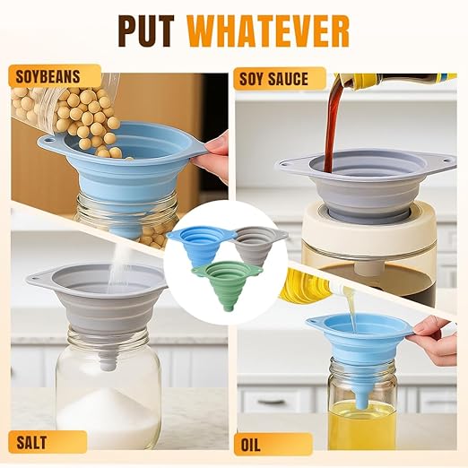 Kitchen Funnel Set 3 Pack, Collapsible Silicone Funnels for Filling Water Bottles & Small Bottles | Food-Grade, Easy Clean & Space-Saving (Blue)