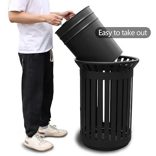 Outdoor Metal Slatted Trash Receptacle,Waste Receptacle，Commercial Trash Cans,Zone Round Garbage Bin,Square Hotel Street Patio Indoor Metal Stan (Big-Black)