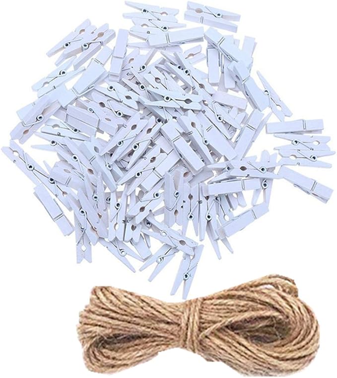 DurReus Small Clothespins Decorations Display Art Project Wood Kitchen Clips Chip Bags Clothesline Pins with Twine Pack 50 White