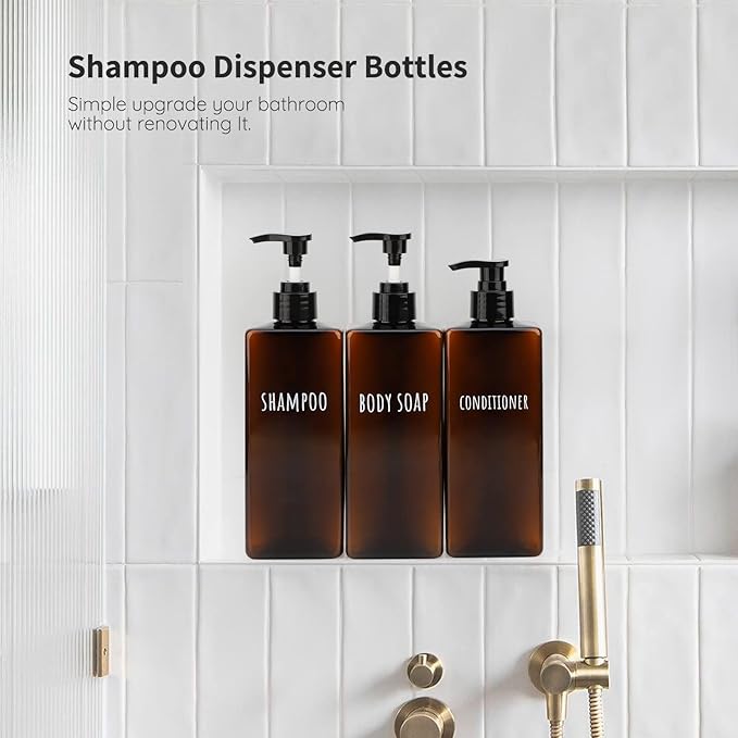 Segbeauty 16.9oz Lotion Dispenser, 3pcs Refillable Square Shampoo Bottles with Pump, 500ml Empty Plastic Bathroom Shower Bottles Liquid Soap Container Body Wash Dispenser for Home Hotel Travel Amber