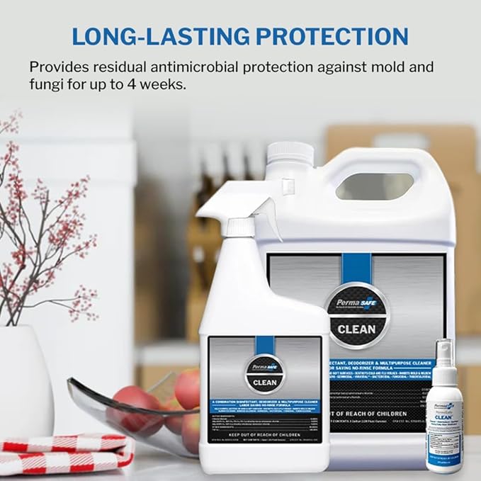PermaSafe CLEAN, All-Purpose Hospital Disinfectant Cleaner; No Rinse, Hard, Soft & Food Contact Surface Sanitizer; Mold, Mildew and Fungi Killer; Odor Eliminator; Allergen Remover & More-3 Fl Oz-2 Pk