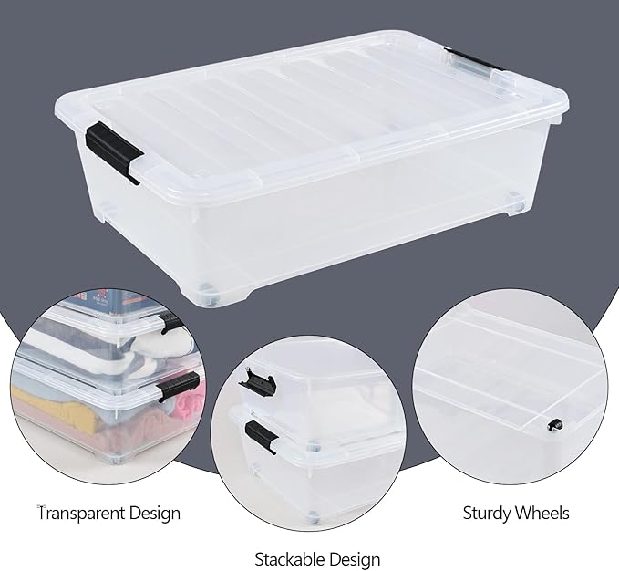 25 Quart Plastic Under Bed Storage Boxes, Wheeled UnderBed Storage Container, 3 Pack, Clear
