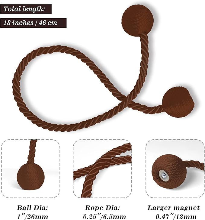 Hion Magnetic Curtain Tiebacks Dark Brown 2pcs, Curtain Tiebacks Buckles Holdbacks Holders Hooks Clip for Home Bedroom Office Decorative Curtain