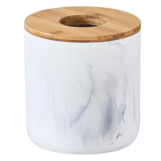 Polytree Marble White Mini Trash Can with Bamboo Lid,Small Countertop Trash Can,Desk Trash Can,Table top Mini Garbage Cans,Resin Tiny Waste Basket