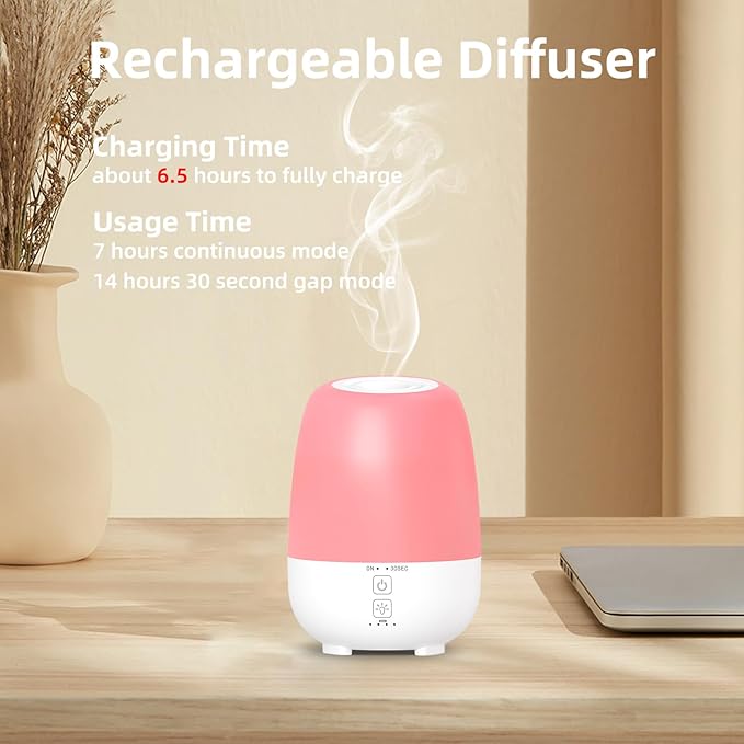 150ML Cordless Essential Oil Diffuser, Built-in 6000mAH Rechargeable Battery, 7-Hour Runtime, 7 LED Color Changing Lights