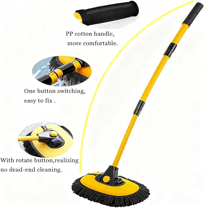 Car Wash Brush with Long Handle, Microfiber Towels Car Wash Kit Cleaning Supplies, Car Wash Mop Mitt with 2 Replacement Head , Extension Pole Car Brush Cleaning Kit for Cars Trucks