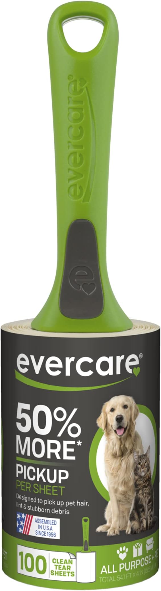Evercare All Purpose Pet Hair Lint Roller, 100 Sheets – Reusable Sticky Roller for Pet Hair, Cat & Dog Hair Remover, Lint Remover, Pet Hair Remover for Furniture, Clothing & Cars