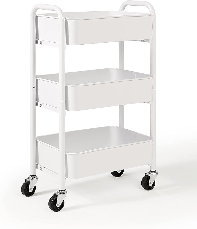 SunnyPoint 3-Tier Delicate Compact Rolling Metal Storage Organizer - Mobile Utility Cart Kitchen/Under Desk Cart with Caster Wheels - WHT (15.35" X 10.24" X 26.8"H)