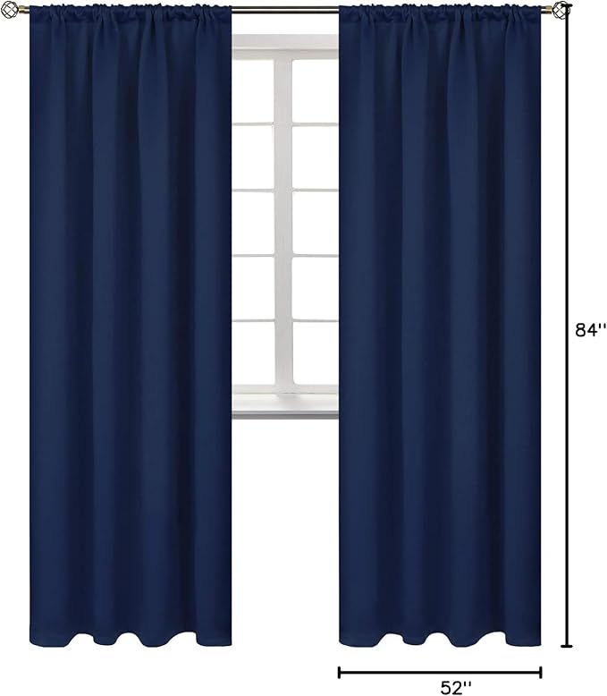 BGment Rod Pocket Blackout Curtains 84 Inches Long for Bedroom - Thermal Insulated Room Darkening Drapes with Rod Pocket Privacy for Living Room, 52 x 84 Inch, 2 Panels, Navy Blue