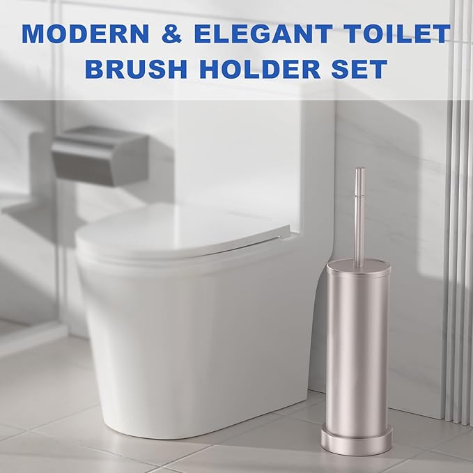 Brushed Nickel Toilet Brush and Holder Set, 304 Stainless Steel Toilet Brush for Bathroom, Heavy Duty Toilet Bowl Brush with Holder, Removable Inner Bowl and Splash Protection, Long Handle
