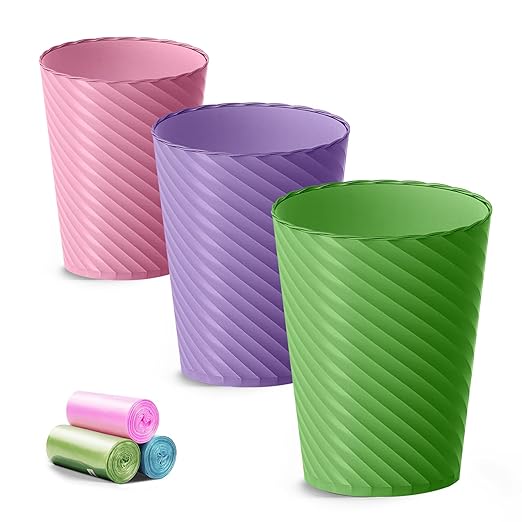 Bathroom Trash Can, 3 Pack 1.8 Gallons Small Trash Can with Trash Bags, Bathroom Garbage Can, Plastic Trash Bin, Round Waste Basket for Bedroom, Office, Compact Space (Pink Purple Green)