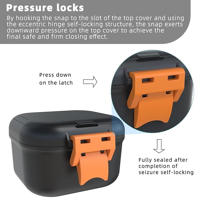 ARGOMAX Leak Proof Denture Bath Cup, Portable Soaking Denture Box, Denture Bath Case with Strainer, for Dentures and Braces, Upgraded Version with Storage Compartment (Black + Orange).