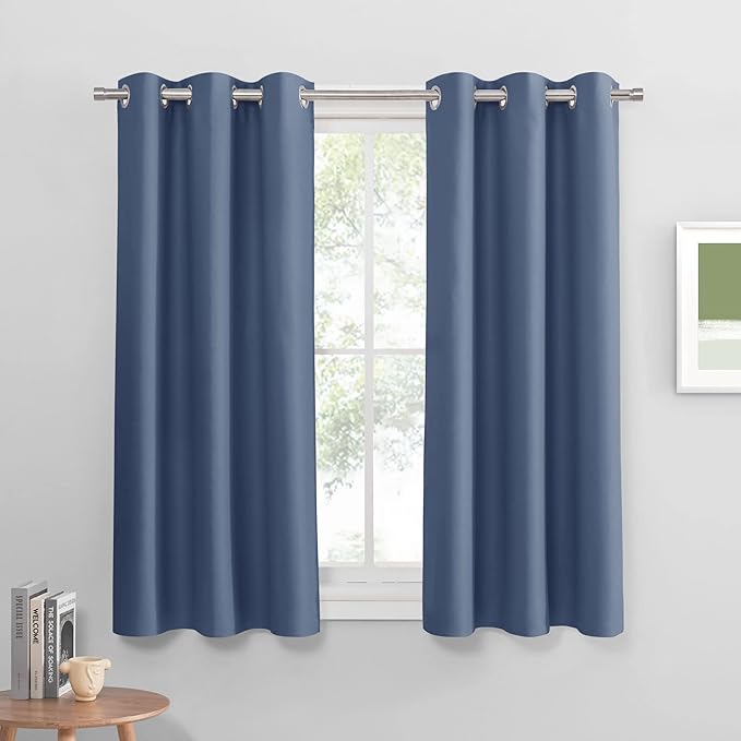PONY DANCE Room Darkening Curtains - Grommet Top Light Block Drapery Window Shade Privacy Protect for Bathroom/Living Room/Kitchen, W 42 x L 45, Blue Haze, 2 Pcs