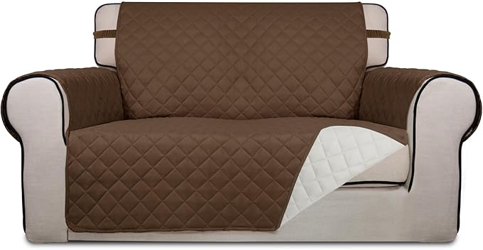 PureFit Reversible Quilted Sofa Cover, Water Resistant Slipcover Furniture Protector, Washable Couch Cover with Non Slip and Elastic Straps for Kids, Dogs, Pets (Loveseat, Coffee/Ivory)