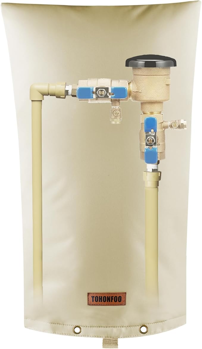 TOHONFOO Backflow Preventer Pipe Insulation Cover (5°F) - Irrigation Sprinkler Valve Insulated Pouch - Water Well Pump Cover - Sturdy 5 Layers for Winter Freeze Protection, 14" W x 26" H, Beige