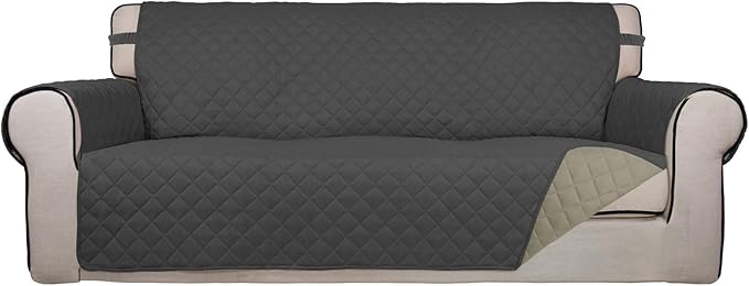 PureFit Reversible Quilted Sofa Cover, Water Resistant Slipcover Furniture Protector, Washable Couch Cover with Non Slip Foam and Elastic Straps for Kids, Pets (X Large, Dark Gray/Beige)