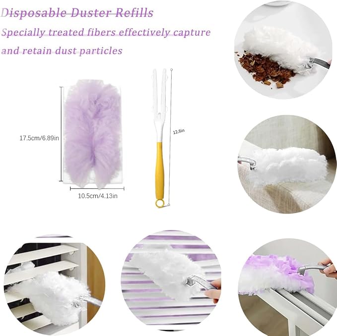 Duster Refills Compatible with Swiffer Duster, Heavy Duty Multi Surface Duster Replacement with 1 Extra Handle for Cleaning Furniture, Blinds, Ceiling Fans and Car (Purple-50Pack)