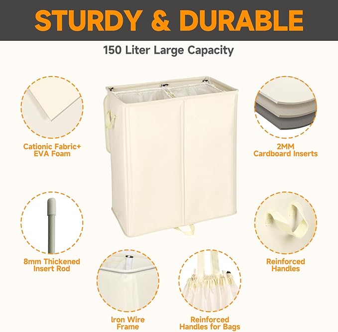 150L Double Laundry Hamper with Lid and Removable Bags,28in Tall Laundry Basket 2 Section,Large Dirty Clothes Hamper 2 Dividers for Bedroom,Laundry Room,Bathroom,Dorm Beige