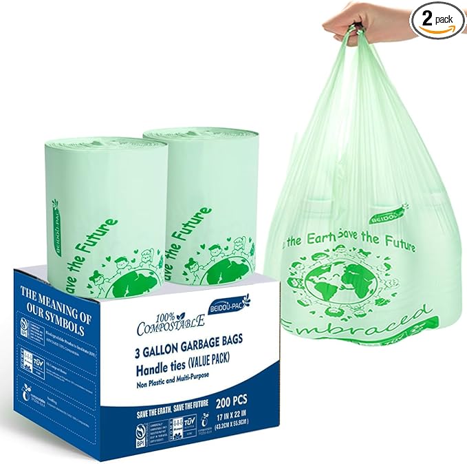 100% Compostable Trash Bags, 3 Gallon Compost Bags Small Kitchen Trash Bags with Handle, 200 Count Sturdy Biodegradable Garbage Bags Food Scrap Waste Bags, ASTM D6400, US BPI Certified