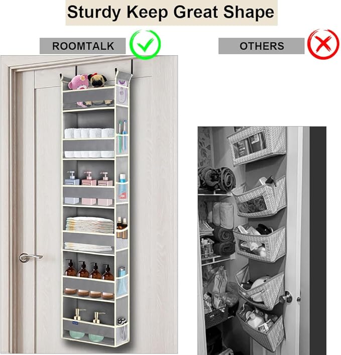 Over The Door Organizer 6-Shelves and 12 Side Pockets, Over The Door Storage for Bathroom Bedroom Nursery, Hanging Door Organizers for Baby Diapers and Kids Toys (13"x5"x54", Grey)