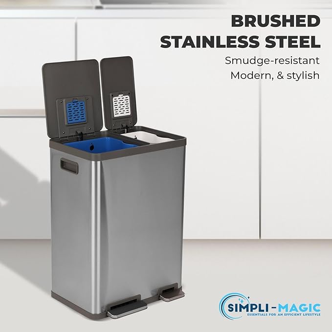 Simpli-Magic 16 Gallon (38L x 22L) Dual Compartment Step Trash Can – Kitchen Garbage Can with Waste & Recycling Bins – Slow-Close Lid, Odor Control, Hands-Free, Easy to Clean, Brushed Stainless Steel