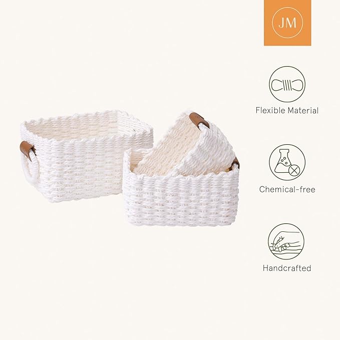 LA JOLIE MUSE Woven Storage Baskets for Organizing, Recycled Paper Rope Basket Bin Divider for Makeup Towel Shelf Cupboards Drawer Closet Dresser, Decorative White Storage Basket Set of 3