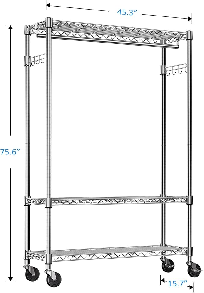 IZEUK 3 Tier Heavy Duty Rolling Garment Rack Wire Clothes Rack for Hanging Clothes, Metal Freestanding Closet Wardrobe Rack with 1 Rods and Wheels Chrome 15.7" D x 45.3" W x 75.6" H