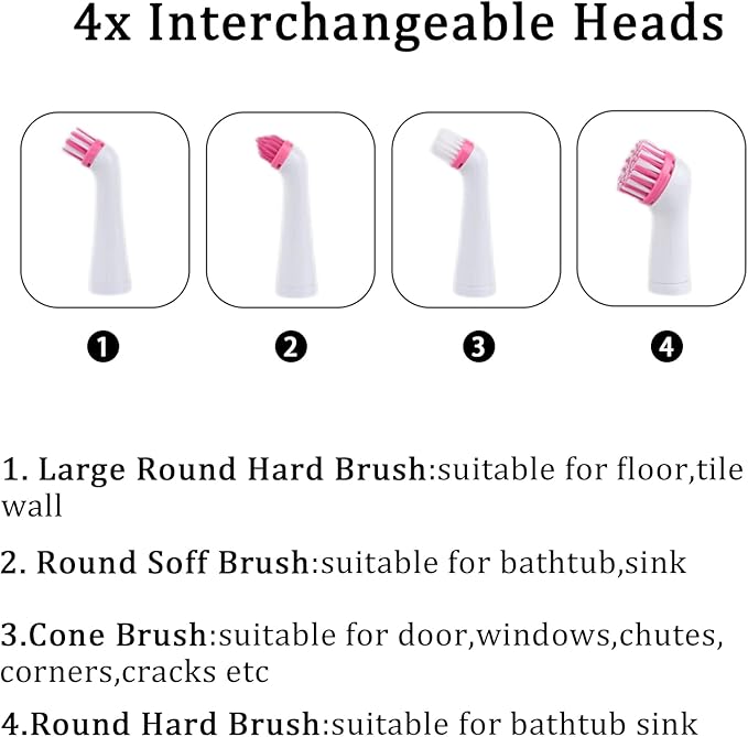 Electric Cleaning Brush with 4 in 1 Multiple Brush Heads,Indoor Household Cordless Motorized Brush for Bathroom Toilet Kitchen Tile Crevice