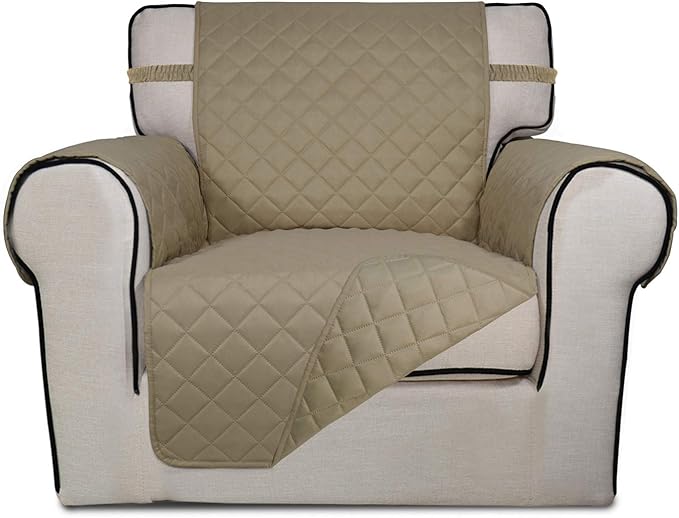 PureFit Reversible Quilted Sofa Cover, Water Resistant Slipcover Furniture Protector, Washable Couch Cover with Non Slip and Elastic Straps for Kids, Dogs, Pets (Chair, Beige/Beige)