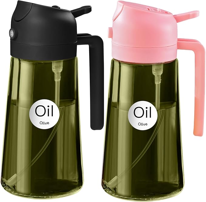 YARRAMATE 2Pcs 16oz/470ml Dark Green Oil Sprayer for Cooking with Stickers, Food-grade Premium 2 in 1 Olive Oil Dispenser Bottle for Kitchen Gadgets, Air Fryer, Salad, Frying, BBQ (Pink&Black)