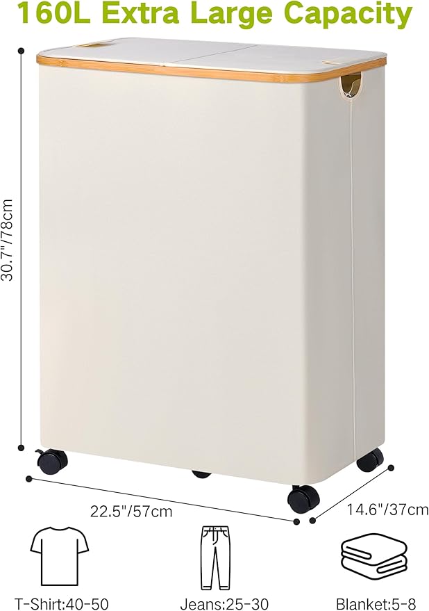 efluky Double Laundry Hamper with Wheels, Divided Laundry Hamper with Removable Bags, 2 Section Dirty Clothes Basket with Handles for Bathroom, Bedroom & Laundry Room, 160L Beige