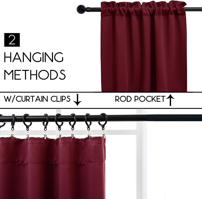 Pickluc Rod Pocket Tier Curtain - Half Blackout Curtain for Kitchen, Bathroom, Cabinet, Basement, 42 Inches Wide and 36 Inches Long, Burgundy Red, 2 Panels