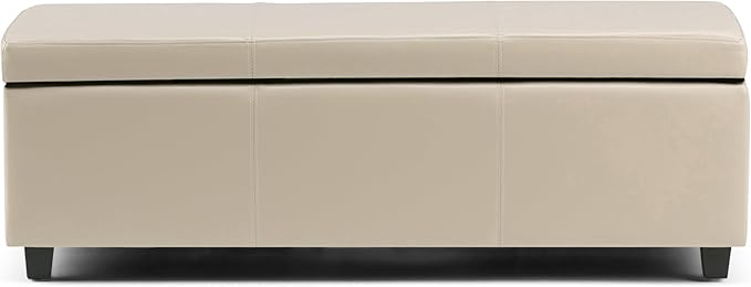 SIMPLIHOME Avalon 48 inch Wide Contemporary Rectangle Storage Ottoman Bench in Satin Cream Vegan Faux Leather, Assembled, for the Living Room, Entryway and Family Room