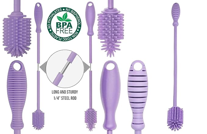 A-Brush Silicone Bottle Cleaner Brush, 3 Piece Set, Long Handle - Water Bottle Cleaner, Baby Bottle Nipple Brush for Plastic & Glass, BPA-Free Dish Washing Brush A2S Protection