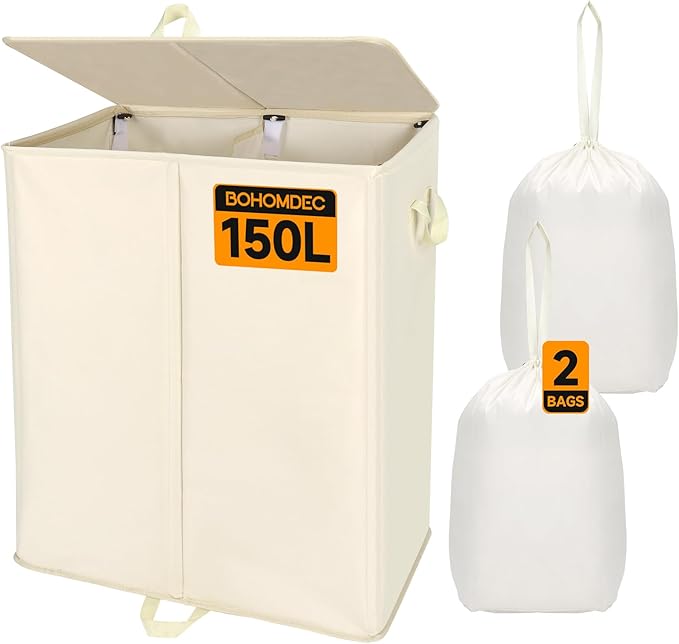 150L Double Laundry Hamper with Lid and Removable Bags,28in Tall Laundry Basket 2 Section,Large Dirty Clothes Hamper 2 Dividers for Bedroom,Laundry Room,Bathroom,Dorm Beige